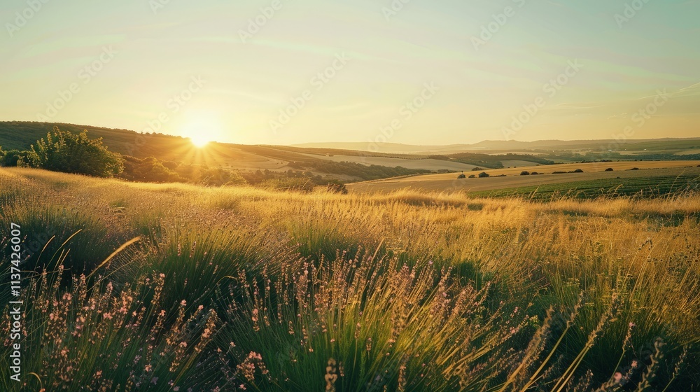 High-end photography of a picturesque countryside with a field of lavender and a clear sky High-end photography of a picturesque countryside with a field of lavender and a clear sky