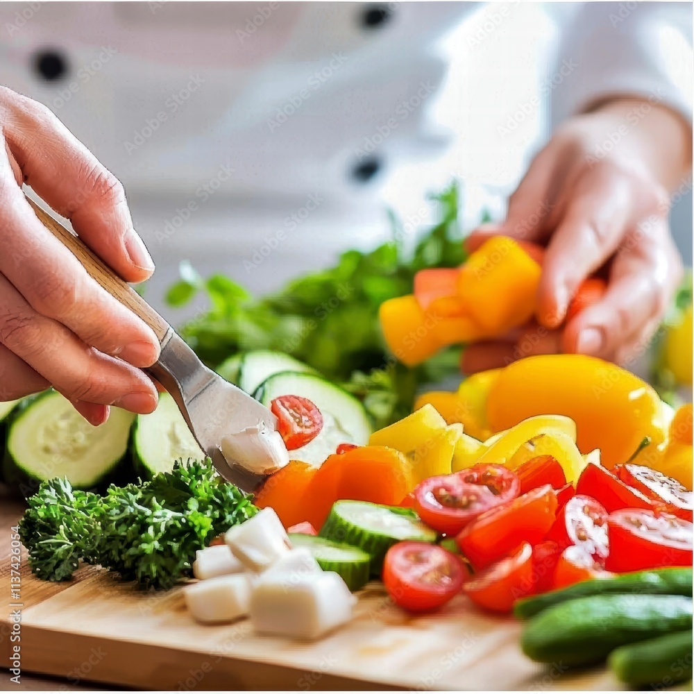 Chef Preparing Fresh Vegetable Salad. Chef Preparing Fresh Vegetable Salad.