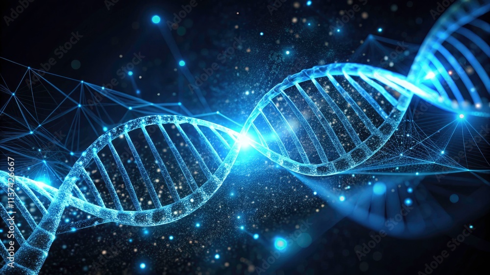 Abstract Digital DNA Strand in Futuristic Style - Glowing Nodes and Intricate Lines on Dark Background, Rule of Thirds Composition for Enhanced Visual Appeal Abstract Digital DNA Strand in Futuristic Style - Glowing Nodes and Intricate Lines on Dark Background, Rule of Thirds Composition for Enhanced Visual Appeal