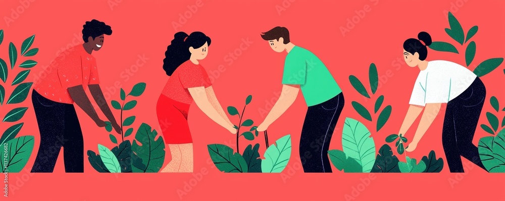 economic mobility growth concept. A vibrant illustration of four diverse individuals planting greenery together against a bright red background, emphasizing teamwork and environmental care. economic mobility growth concept. A vibrant illustration of four diverse individuals planting greenery together against a bright red background, emphasizing teamwork and environmental care.