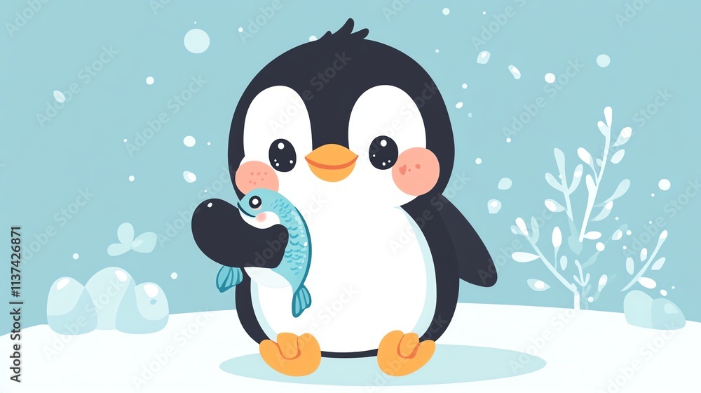 Naklejka premium A cute cartoon penguin holding a fish.