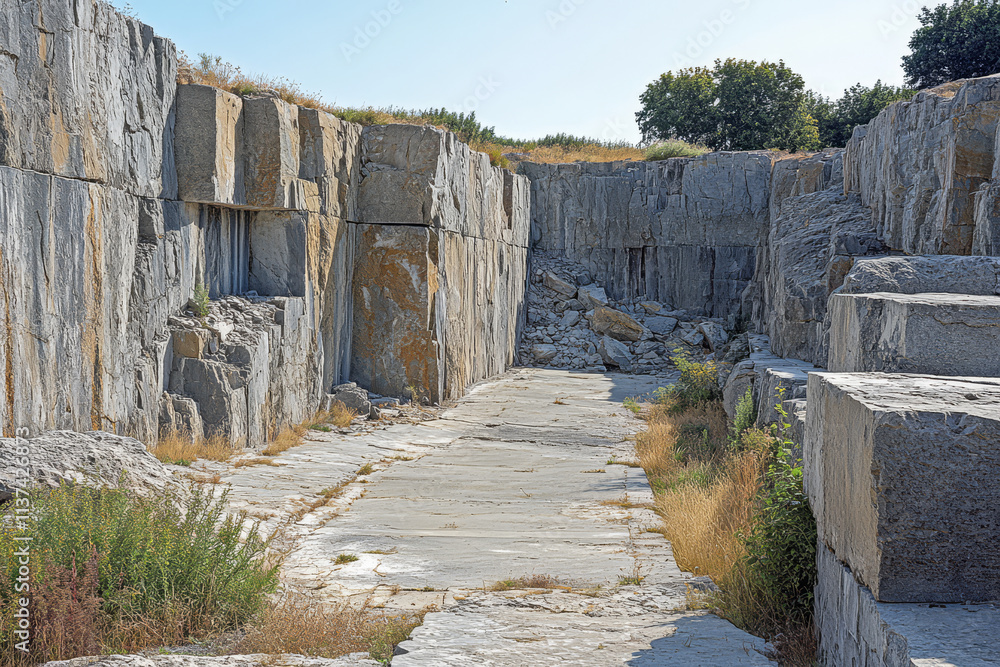 Quarry site showcasing stone extraction process in bright daylight hours Quarry site showcasing stone extraction process in bright daylight hours