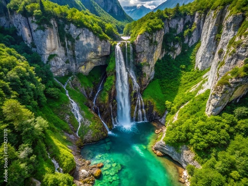 Boka Waterfall Slovenia Aerial View, Stunning Landscape Drone Photography, Majestic Cascade, Emerald Green Water, Dramatic Cliffs photo