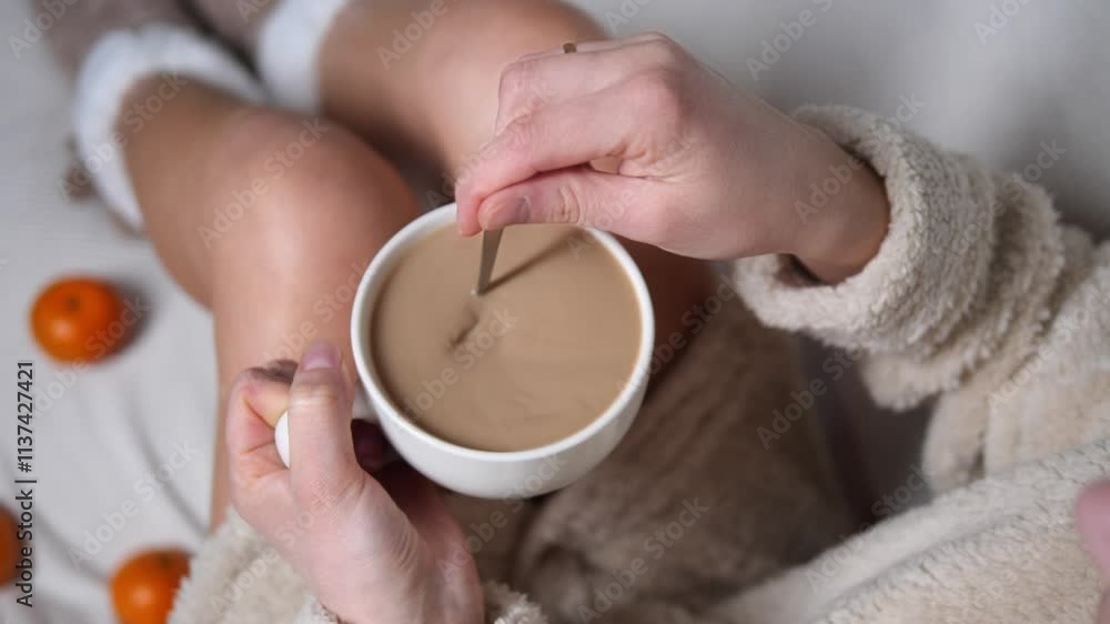 Young woman in beige bathrobe sits comfortably at home, stirring cup of coffee with metal spoon. Surrounded by tangerines, she enjoys her morning with cup of coffee her relaxation during breakfast Young woman in beige bathrobe sits comfortably at home, stirring cup of coffee with metal spoon. Surrounded by tangerines, she enjoys her morning with cup of coffee her relaxation during breakfast