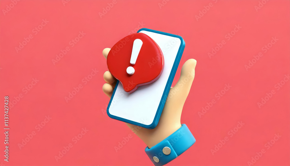 A colorful 3D illustration depicting a hand holding a smartphone with a red notification icon, symbolizing alerts or important messages. A colorful 3D illustration depicting a hand holding a smartphone with a red notification icon, symbolizing alerts or important messages.