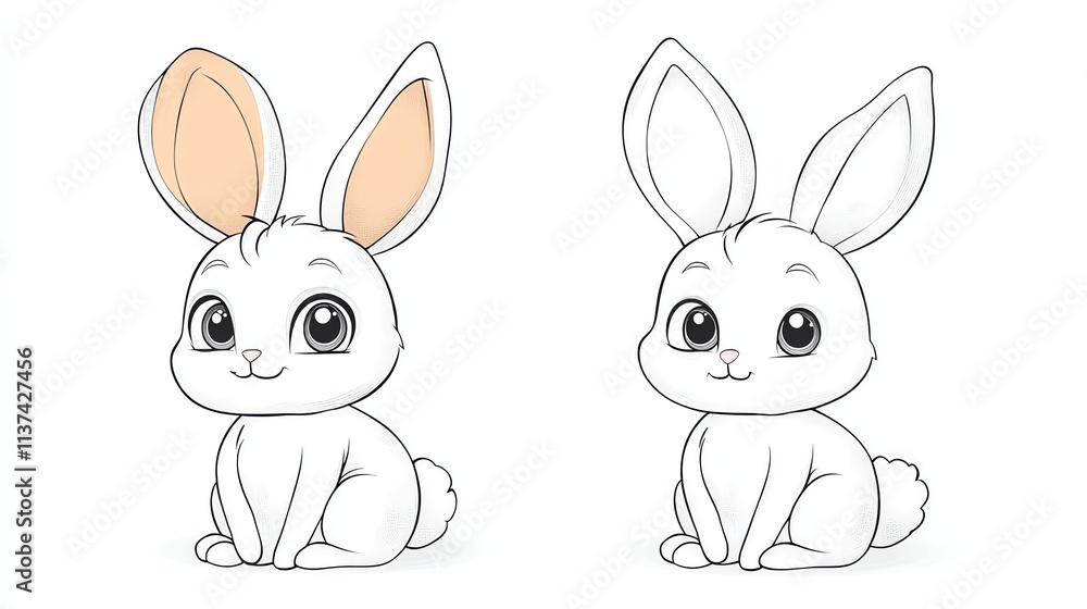 Two illustrations of a cute cartoon rabbit, one with colored ears and one uncolored. Two illustrations of a cute cartoon rabbit, one with colored ears and one uncolored.