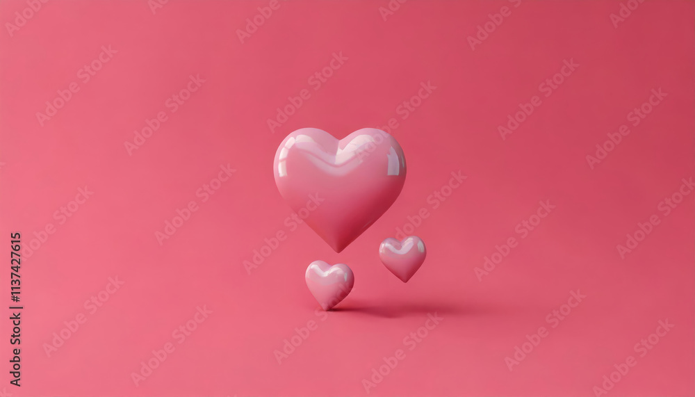 Three pink hearts of varying sizes float against a soft pink background, symbolizing love and affection in a simple yet elegant design. Three pink hearts of varying sizes float against a soft pink background, symbolizing love and affection in a simple yet elegant design.