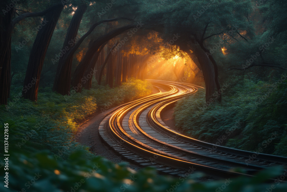Obraz premium Winding railroad tracks through a misty forest at sunset.