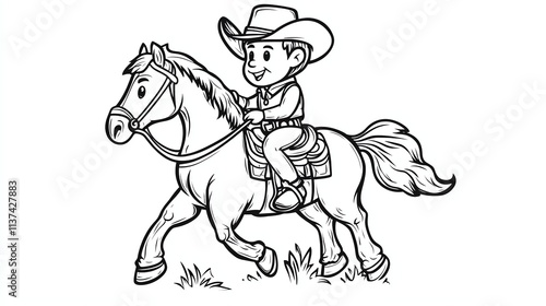 A black and white line drawing of a cowboy riding a horse.