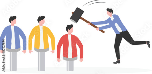 Businessman hits the hammer of the big hand into the ground

