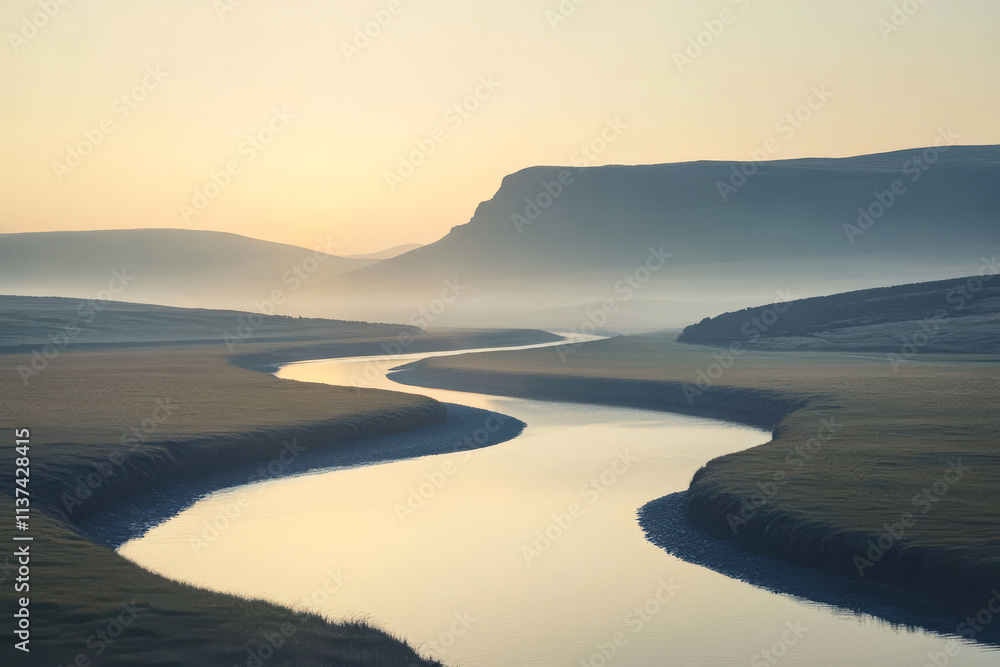 Fototapeta premium Serene winding river at sunrise near misty hills revealing nature's tranquility