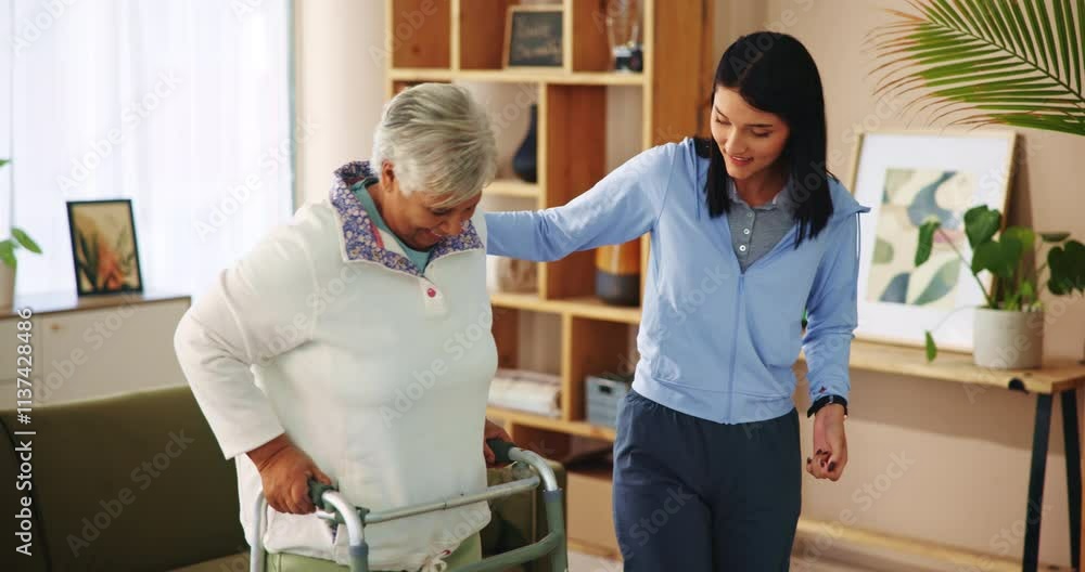Senior woman, volunteer and helping with walker of balance support, rehabilitation and walking stability. Caregiver, mobility aid and elderly person with disability, treatment and healthcare at house Senior woman, volunteer and helping with walker of balance support, rehabilitation and walking stability. Caregiver, mobility aid and elderly person with disability, treatment and healthcare at house