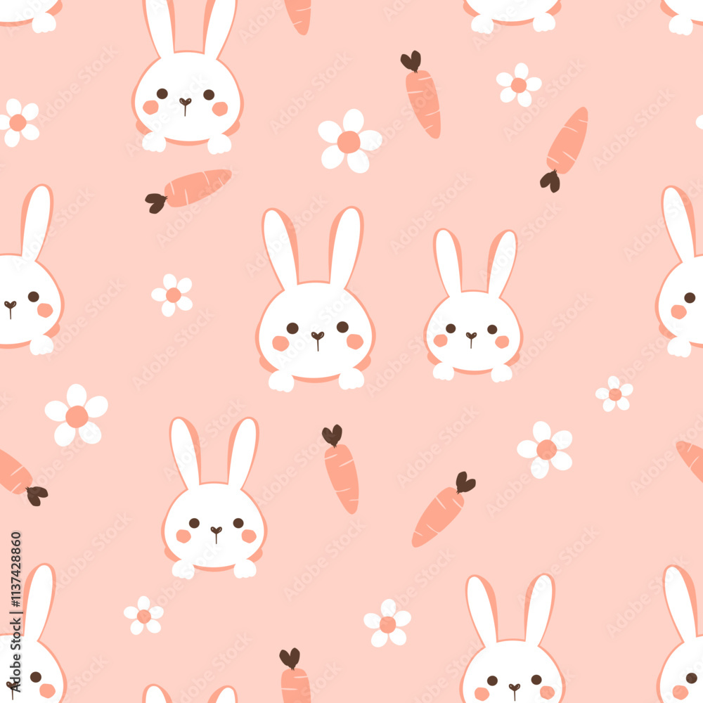Seamless pattern with bunny rabbit cartoons, carrot and daisy flower on orange background vector. Seamless pattern with bunny rabbit cartoons, carrot and daisy flower on orange background vector.