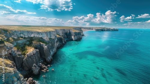 High-end photography of a picturesque coastal landscape with cliffs and a turquoise sea under a bright blue sky