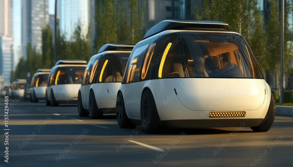 Futuristic autonomous vehicles lined up on a city street. Futuristic autonomous vehicles lined up on a city street.