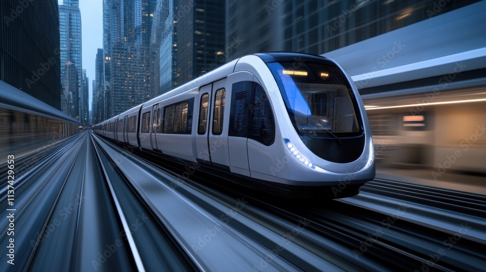 Naklejka premium a modern metro train emerging from an underground tunnel into a bustling cityscape, vibrant lighting