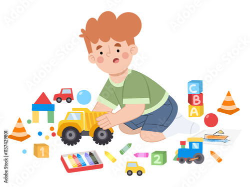 Illustration of a boy playing with his toys