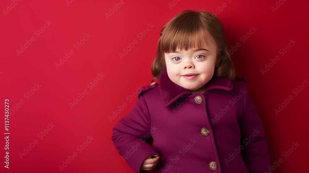 Portrait of smiling laughing girl child with Down syndrome cream red background. Portrait of smiling laughing girl child with Down syndrome cream red background.