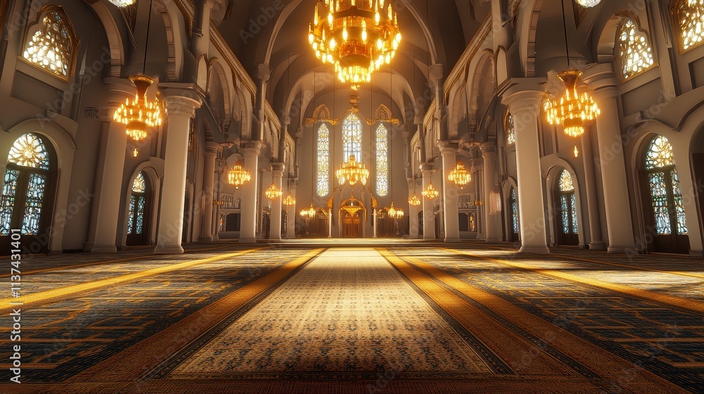 Obraz premium A grand, well-lit hall featuring ornate chandeliers and elegant architecture.