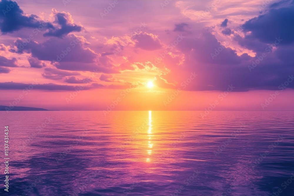 Serene sunset over calm ocean waters, painted in purple hues. Serene sunset over calm ocean waters, painted in purple hues.