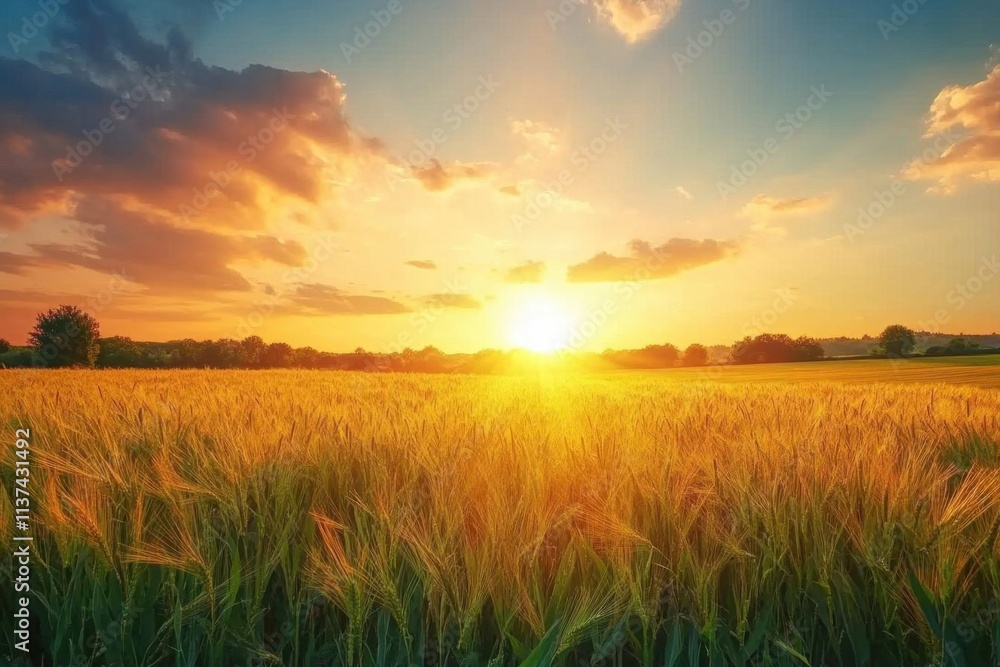 A serene sunset over a golden wheat field, showcasing nature's beauty. A serene sunset over a golden wheat field, showcasing nature's beauty.