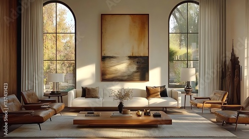 A refined living room blending mid-century modern and art deco, with sleek furniture accented by gold details, geometric sculptures, and textured fabrics,