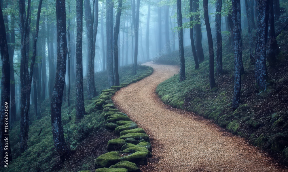 Obraz premium A winding path through a misty forest, inviting exploration and tranquility.