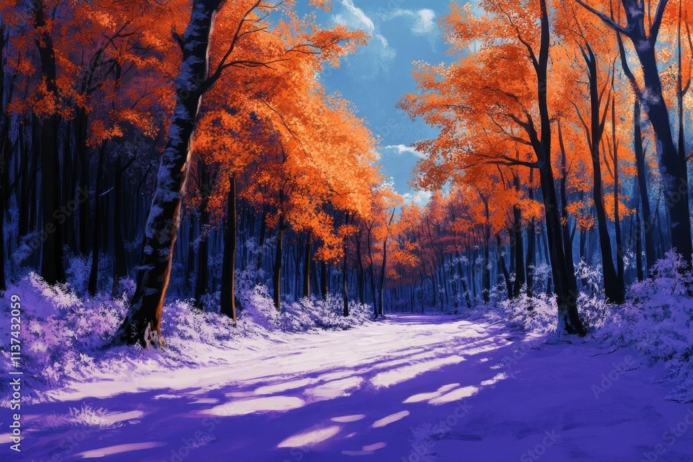 A vibrant winter forest scene with orange foliage and snowy ground. A vibrant winter forest scene with orange foliage and snowy ground.