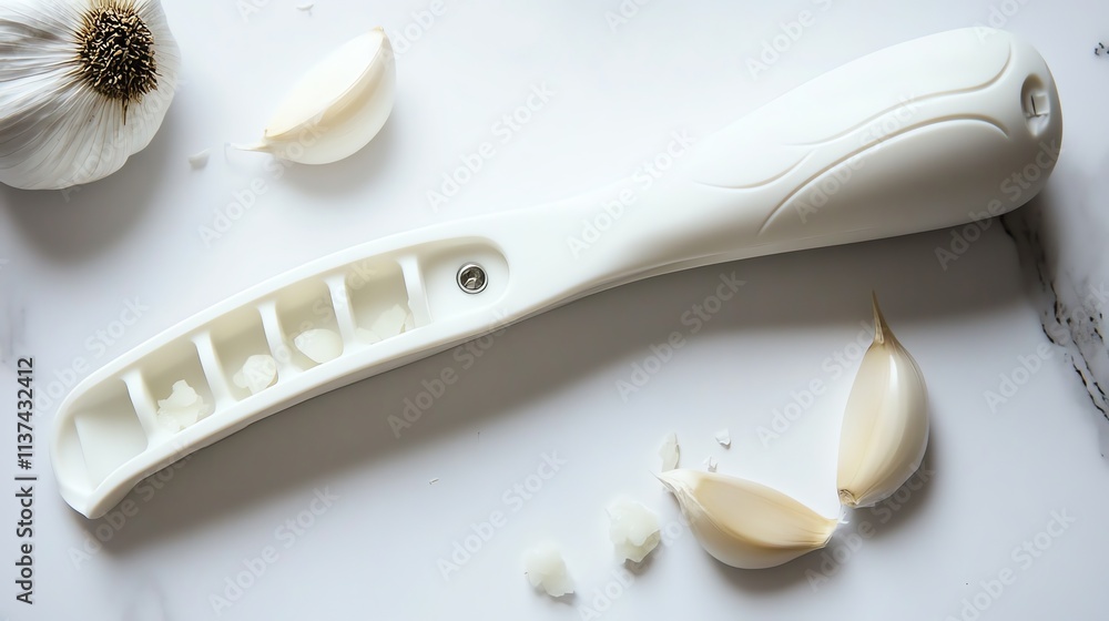 Fototapeta premium White garlic press on a marble countertop with garlic cloves and a whole bulb of garlic.