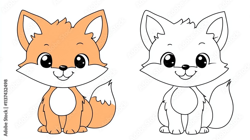 Fototapeta premium A cute cartoon fox, one is colored in orange and the other is in black and white for coloring.
