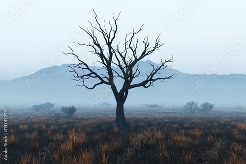 Wallpaper Mural environmental disaster acid rain concept. A stark, leafless tree stands alone in a misty landscape, surrounded by fog and muted grass, evoking a sense of solitude and tranquility. Torontodigital.ca