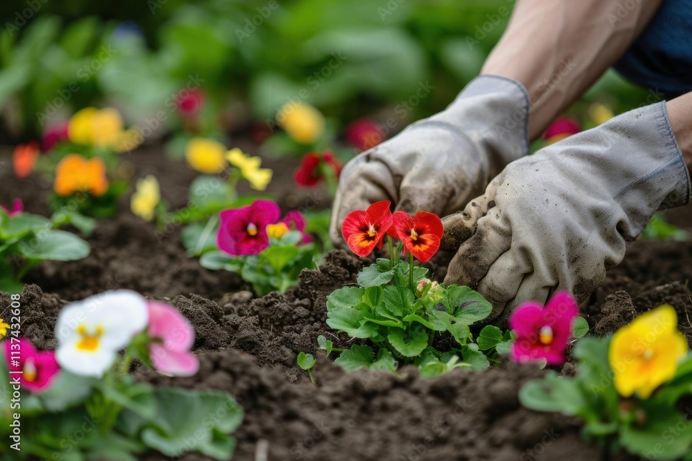 Fototapeta premium A person planting colorful pansies in a garden bed.