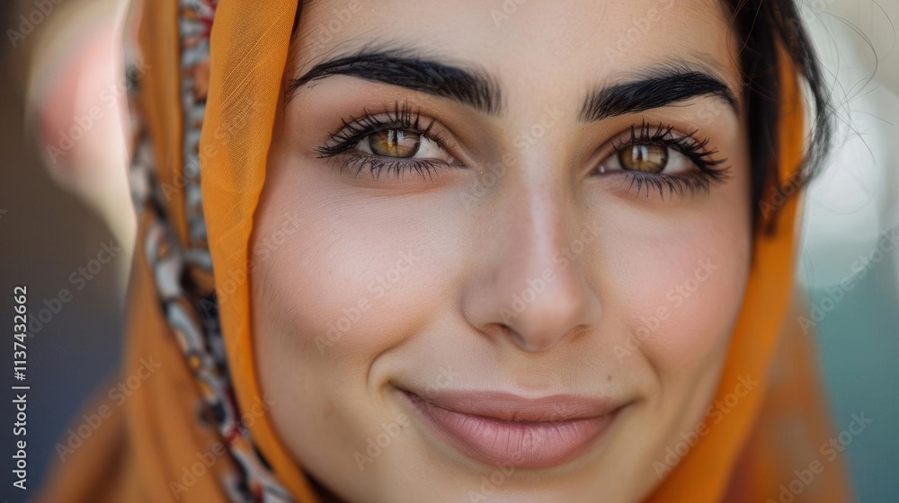 Close-up portrait of a woman wearing an orange headscarf, smiling. Close-up portrait of a woman wearing an orange headscarf, smiling.