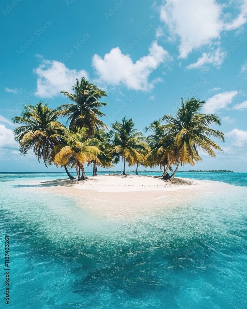 Fototapeta premium A serene tropical island with palm trees surrounded by clear blue water.