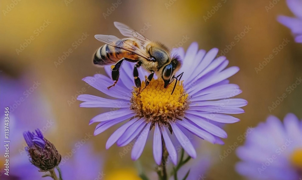 A bee pollinates a purple flower in a vibrant natural setting. A bee pollinates a purple flower in a vibrant natural setting.