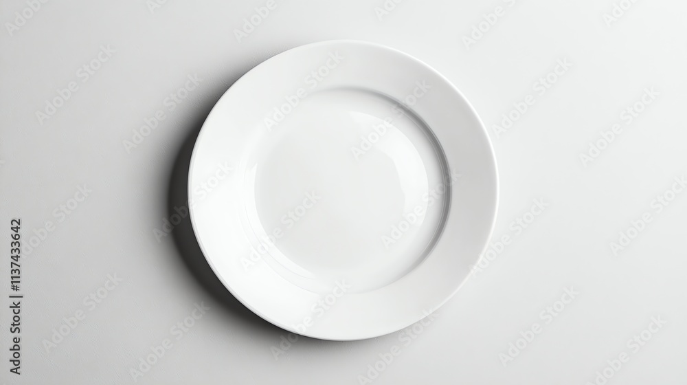A white plate on a white surface. A white plate on a white surface.