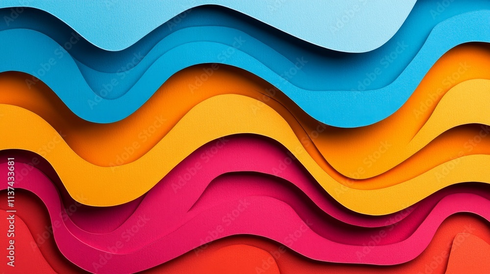 A vibrant, layered paper design featuring wavy patterns in bright colors. A vibrant, layered paper design featuring wavy patterns in bright colors.