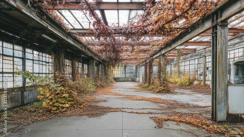An abandoned industrial space overgrown with vines and foliage. An abandoned industrial space overgrown with vines and foliage.