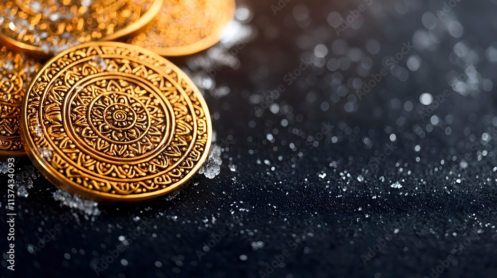 Decorative Gold Coins on Dark Surface Decorative Gold Coins on Dark Surface