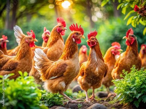 Candid Photography of Joyful Redcrested Hens Playing in a Lively Chicken Run Surrounded by Greenery and Natural Light, Capturing Their Playful Moments in a Farm Environment photo