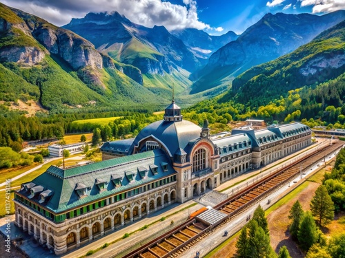 Canfranc Station Aerial View: Spanish Pyrenees Mountain Railway Huesca Architecture photo