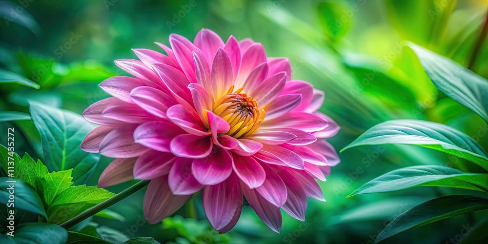 Obraz premium Closeup of a Vibrant Pink Flower Surrounded by Lush Green Leaves in Stunning Long Exposure Capturing Nature's Beauty