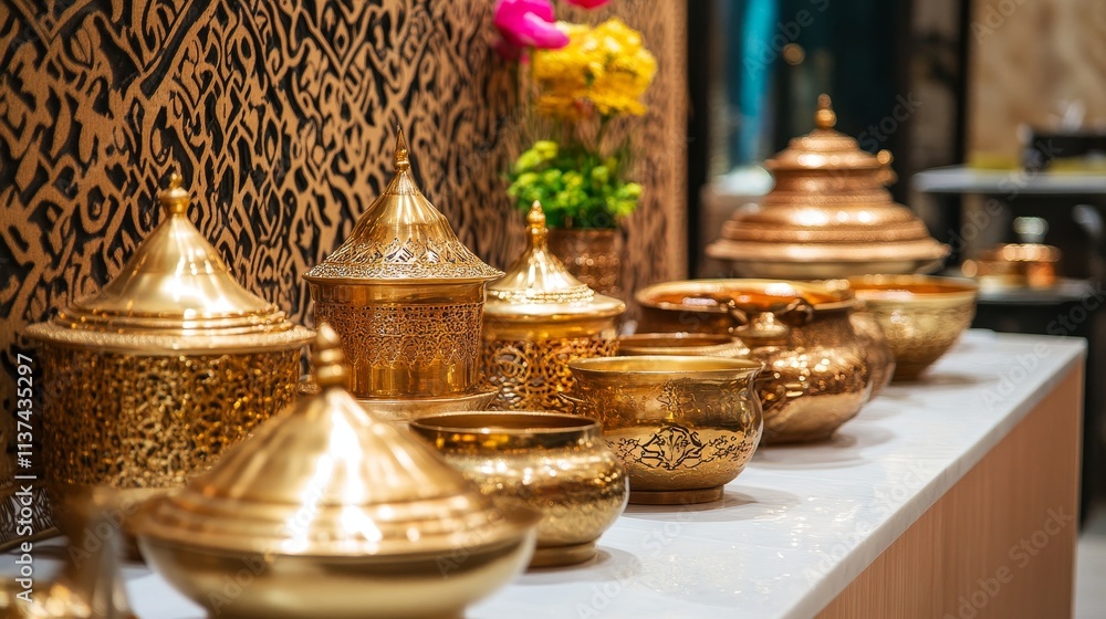 A display of ornate brass pots and containers, showcasing intricate designs and craftsmanship. A display of ornate brass pots and containers, showcasing intricate designs and craftsmanship.