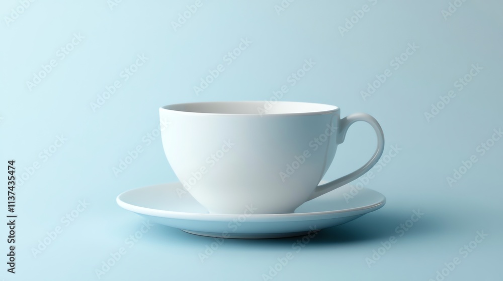 A white teacup and saucer on a light blue background. A white teacup and saucer on a light blue background.