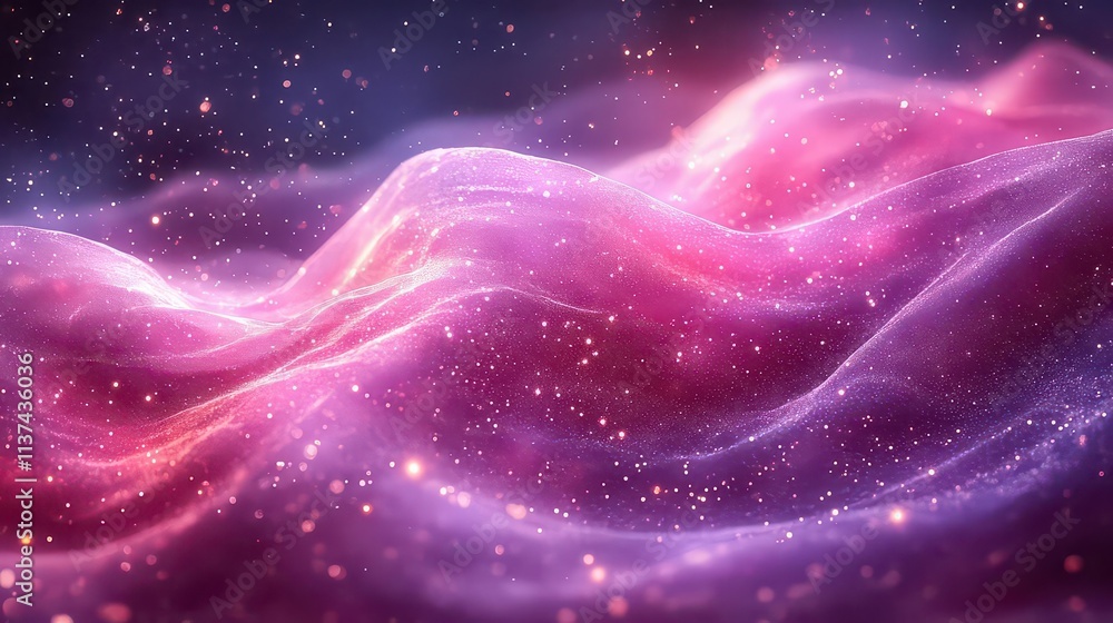 Ethereal waves of pink and purple cosmic energy with sparkling particles. Ethereal waves of pink and purple cosmic energy with sparkling particles.