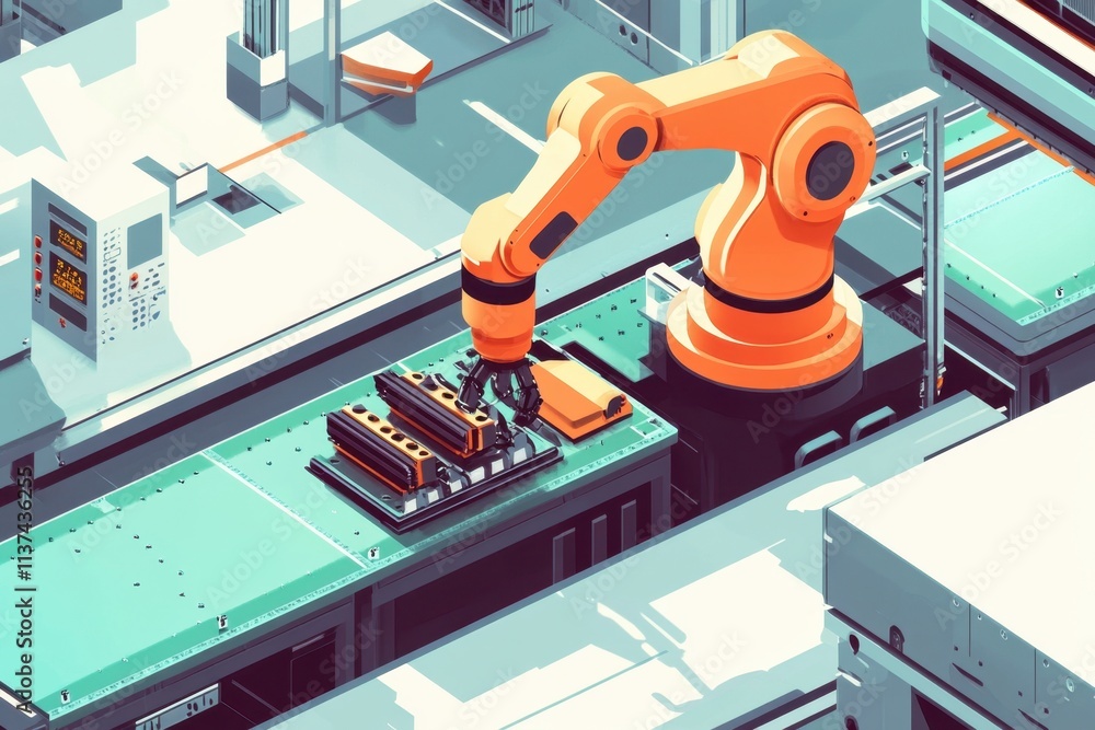 Robotic arm assembling components in a modern industrial setting. Robotic arm assembling components in a modern industrial setting.