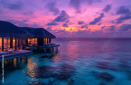 Overwater bungalows at sunset tropical ocean paradise