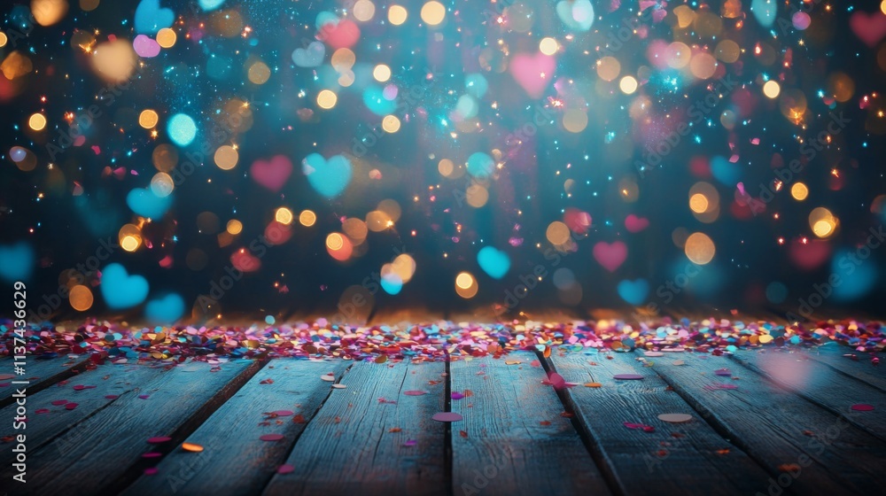 Festive confetti and bokeh hearts on wooden planks Festive confetti and bokeh hearts on wooden planks