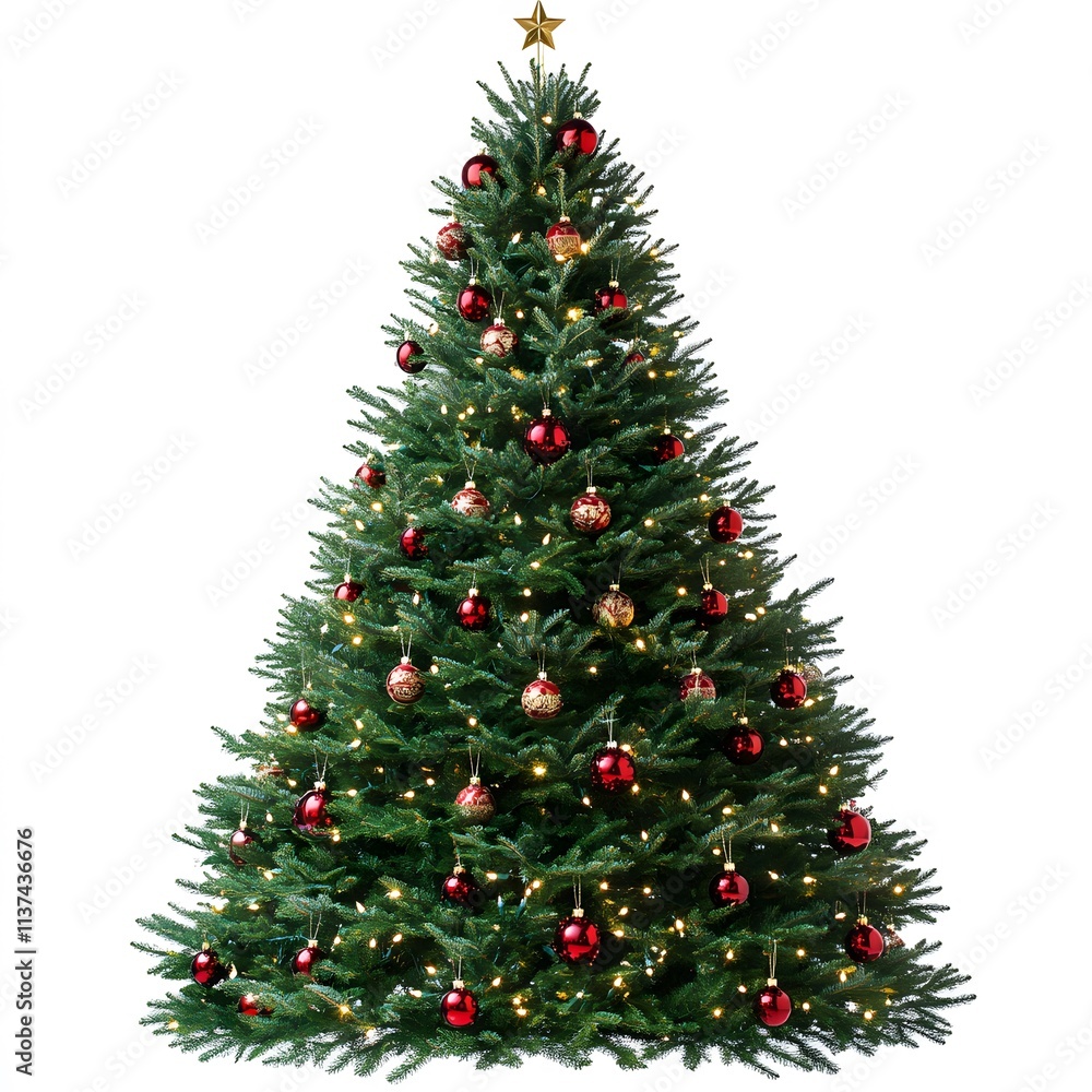 Fototapeta premium Decorated Christmas Tree With Red Ornaments And Lights