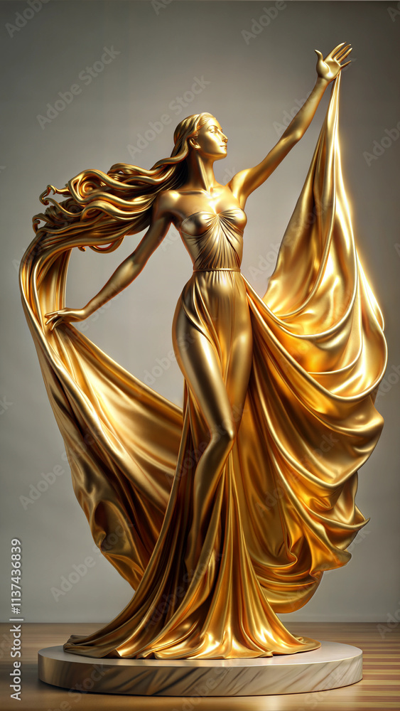 Obraz premium Golden statue of a graceful woman in flowing fabric conveying elegance against a neutral background